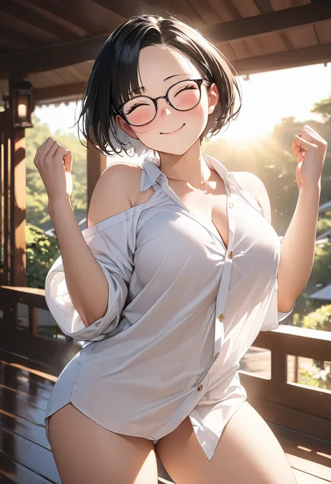 RAWphoto,photorealistic,8k16k,best quality,perfect anatomy,perfect detailed,ultra highres, extremely detailed eyes and face,gleaming skin,shiny skin,1girl,Japanese,black short hair,pixie cut, (wearing glasses:1.3),(parted bangs,forehead:1.2),round face,med...