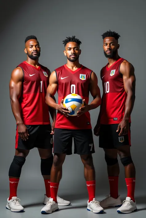 Three Antigua and Barbuda Guys, Athlete Volleyball Player, Photoshoot, at grey studio, background, ultra, holding a Volley Ball, hd, detailed face, detailed skin, detailed hair, highly detailed, wear red black antiguan official jersey, Standing Full Body