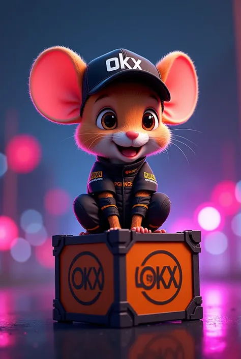 Digital illustration of a cartoon mouse wearing a black and orange racing suit and a black baseball cap with a okx logo sign on it. the mouse is sitting on box in  with the word "okx" written on it, which is orange and black in color. the background is dar...