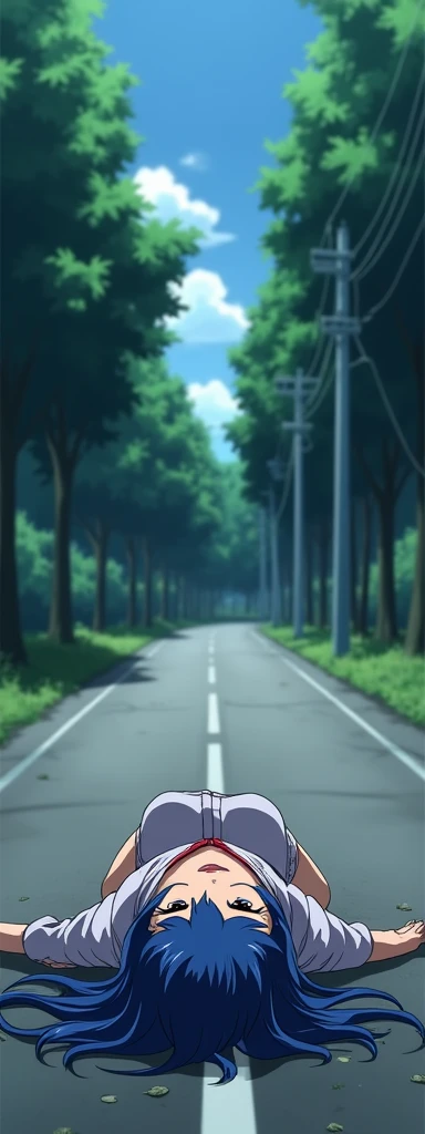  in the anime is stabbed multiple times in the chest and stomach by someone on her way home from school and is bleeding and dies painfully,  Blue Long Hair .Bust H cup, Close Her Eyes ,A 17-year-old girl in the anime who is lying face down on the road 