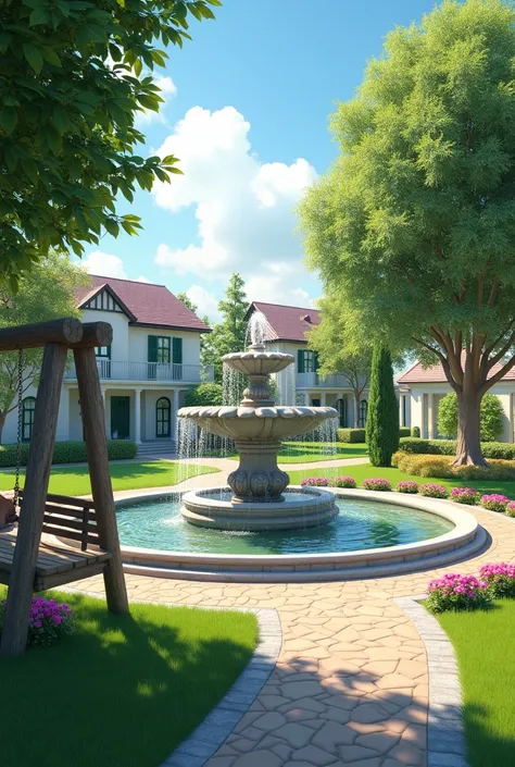 picture of a realistic park-garden with a fountain, swing next to a beautiful neighbourhood with not too many treees