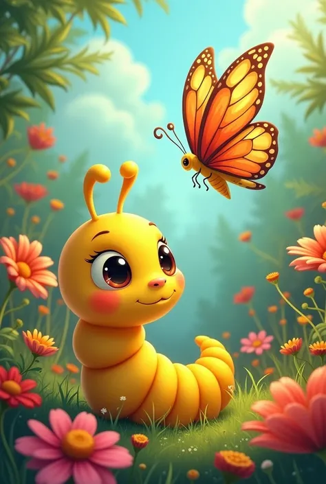 cartoon of a female yellow caterpillar in a flower garden looking at a beautiful butterfly