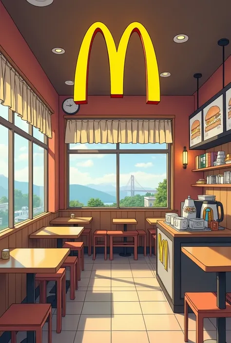 McDonalds restaurant in a drawing-anime style with a chill vibe, a cozy restaurant with the McDonalds logo, a big yellow letter M, the restaurant is visually designed, objects, tables, hall design are visible, the restaurant is located somewhere in Japan, ...