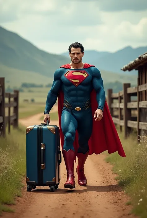 Superman leaving a ranch with a big blue suitcase