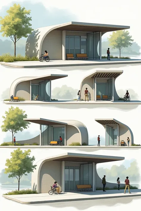 The most modern architectural design, where the same design is shown from multiple perspectives, should depict a bus stop that is the most creative, contemporary, and comfortable. It should also be designed with consideration for people with disabilities a...