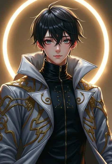 Stylish anime portrait, young man, short dark hair, light-gray eyes, sophisticated dark-colored outfit, intricate metallic geometric patterns, high-detail painterly style, metallic silver and gray coat with intricate design elements, dramatic circular halo...