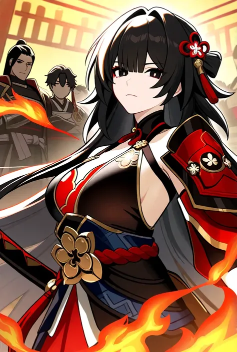 honkai star rail, armor samurai oc, Fate, girl 1, Long hair,  look at the audience,  hair ornaments , Beautiful face, Sharp eyes, Fire Red Eye ,  Tamil black dress , 8k,  High Resolution ,  cheeks between bright black eyes, Holding a long black katana in t...