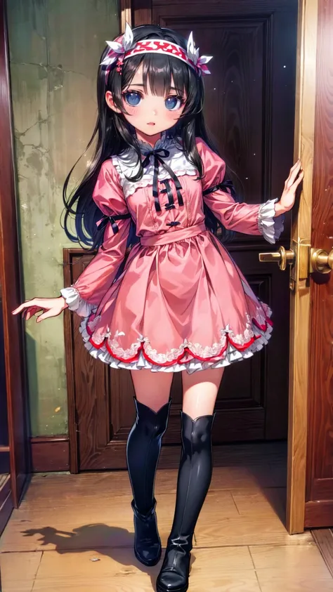   anime style  、story、、 cute女の子 、とてもcute天使、   pink gothic dress standing in front of the front door 、cute、baby face、smile、   Long Skirt  、   black boots  、Very cute headband
