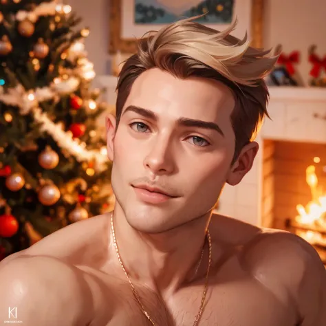 A two-year-old boy with blond hair is standing near a beautiful Christmas tree,  face close-up,  realistic photo, studio shooting 