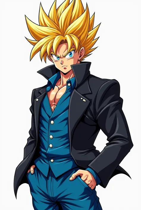 Goku with yellow hair and blue eyes and with a black jacket and with a blue shirt and jeans style dbs cartoon 