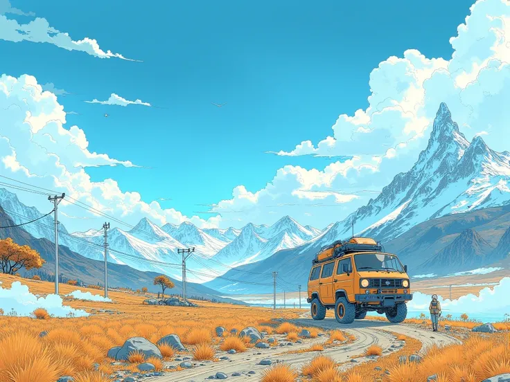 ( masterpiece :1.2,  Top Quality ),(  Very detailed ),  anime style,8K,16K, wallpaper,( :2.0),  beautiful blue sky in Bolivia , an off-road van,( Various wonders of the world  :2.0),( Dynamic :2.0)