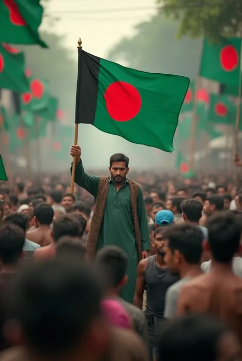 Show me a man holding a flag of taliban in a crowd full of people holding bangladeshi flags 