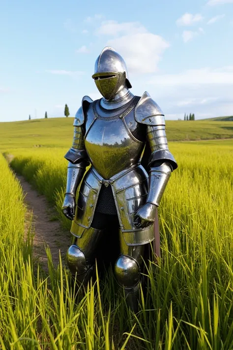  reflection of shiny metal armor,The most realistic medieval , environmental reflection,Rural ,Grassland, bright sky 