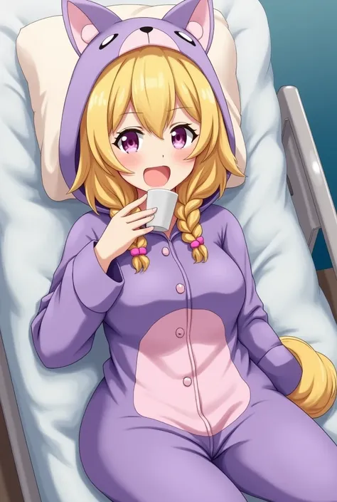  1 girl,  Grown Ups,Dark yellow hair, hospital bed , cute costume pajamas, high definition , masterpiece, accurate,  very detailed,  inviting , reality, short hair ,, small breasts, braids ,purple fluffy fox pajamas 