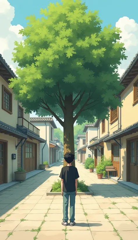 A young man wearing a black T-shirt, jeans, stands looking at a tree in the middle of a wide courtyard. In a small village, ask for a ghibli cartoon.