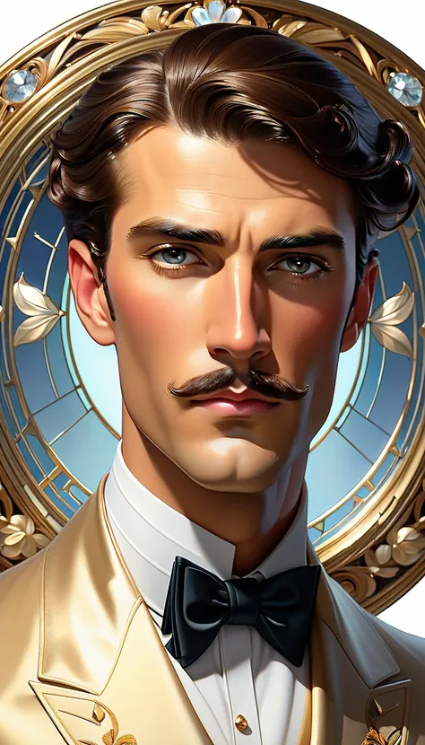 here is an elegant and ethereal GENTLEMAN An elegant,manly,rude face ,no gay in Art Nouveau style,half body photo, improve, luna hermosa y brillante detras de su cabeza luz que hace resaltar su rostro ( better quality,  Masterpiece,  Representative work,  ...