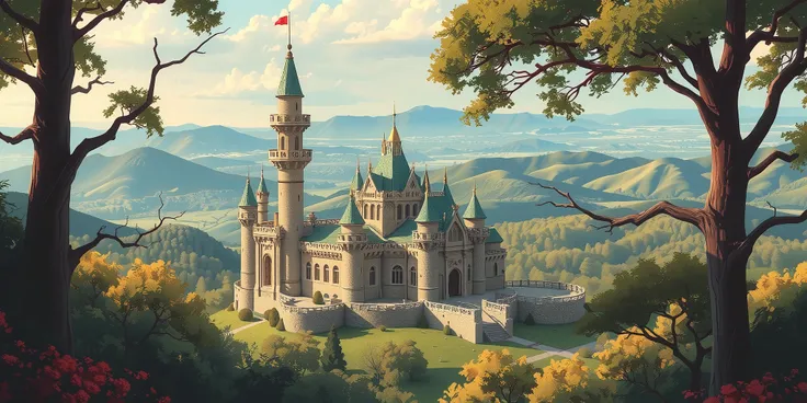 castle,forest,Landscape, Magnificent Scenery ,Disney style illustration,Warm colors,There are no character figures, background