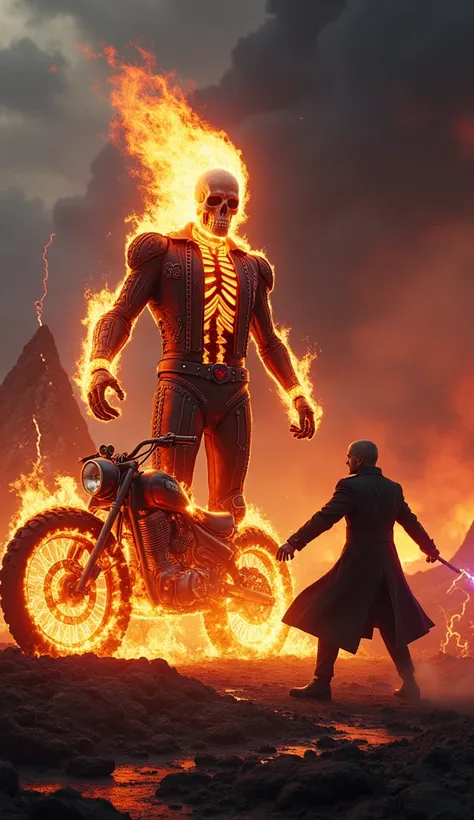 A cinematic, hyper-realistic depiction of Ghost Rider and Red Skull locked in a ferocious battle amidst a hellish, war-torn wasteland. Ghost Rider towers ominously in the center of the battlefield, his skeletal frame engulfed in roaring, molten flames. His...