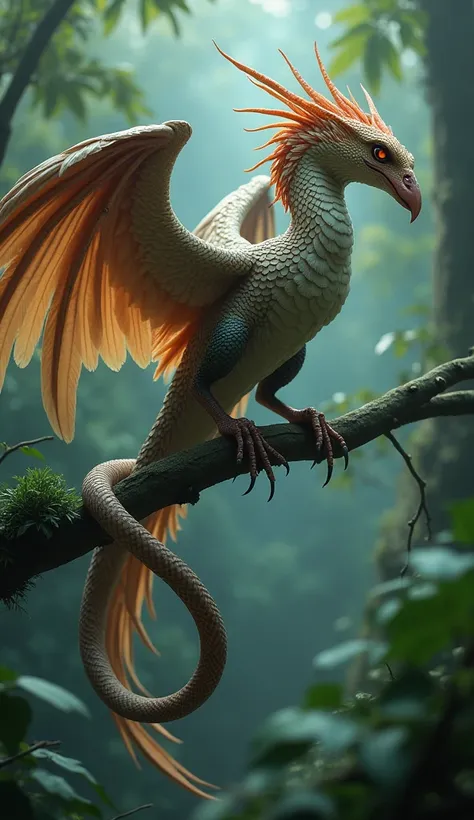 "Create an imaginative hybrid creature that combines the features of a bird and a snake. The creature should have the elegant wings and colorful plumage of a bird, seamlessly blending with the sinuous body and scales of a snake. It should have a sharp, cur...