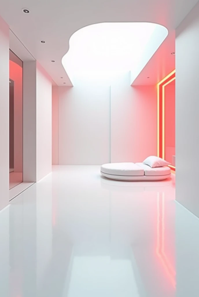 Futuristic room　 red neon 　Whiteが多く使われていて清潔感　少しだけ red neon がある　Beautiful room　White