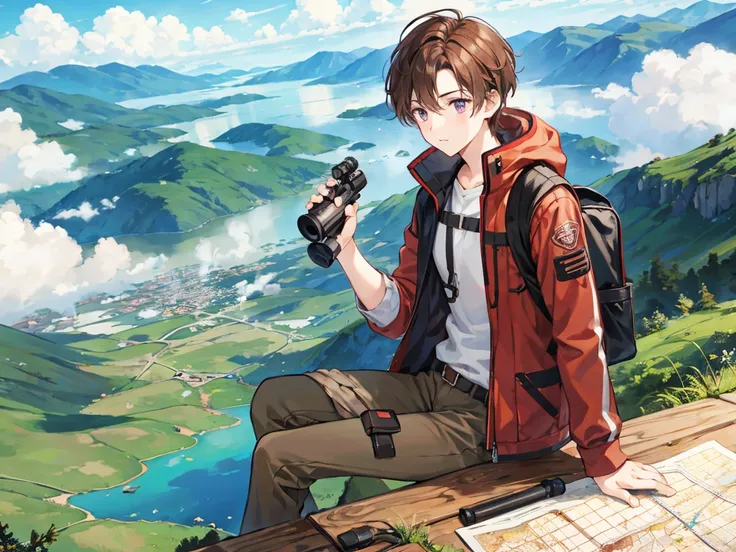 Surveyor , Brown Hair,  male student, map, lake, top, Asahi,fog, binoculars