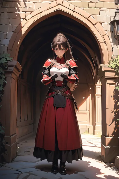 1 girl, (strained face), young adult, long ponytail, (wearing a detailed guard uniform with armor), medium breasts, fit, (standing at attention near a castle gate),  
BREAK  
ancient castle entrance, banners fluttering in the breeze, (clenching her fists s...