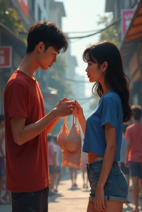 A young Indonesian man runs his hands holding a bra. and an Indonesian woman woos him wearing a blue t-shirt shorts flip flops.on a narrow street Gg densely populated 