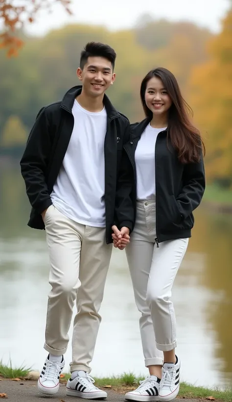 Image of a young asian couple, man and woman, woman with long hair, proper fat body shape, energetic and dynamic pose, white clothes, black jacket, sneakers, they are holding hands. The background is a beautiful, beautiful, lakeside park.