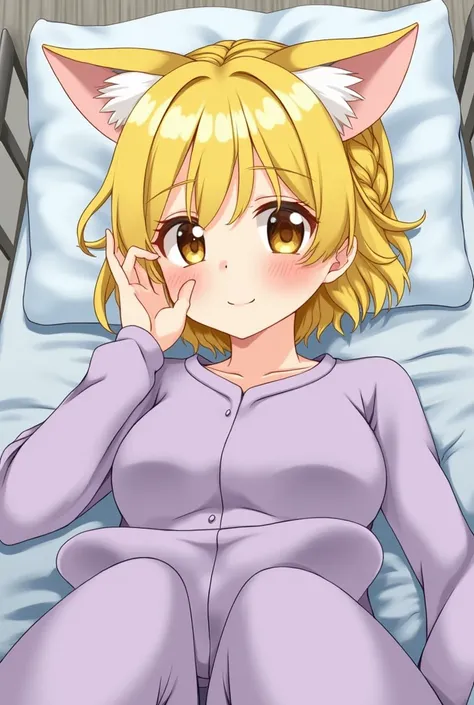  1 girl ,  Grown Ups,Dark yellow hair, hospital bed , fuzzy, high definition , masterpiece, accurate,  very detailed,  inviting , reality, short hair ,, small breasts, braids ,purple fox pajamas ,Fluffy,裏地がFluffy