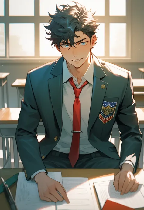 male, teen, student, messy wavy black hair, sharp blue eyes, athletic, student uniform, white blouse, dark green pants, red tie, black jacket, messy looks, piercings, kabedon, classroom, afternoon, warm lighting, bad boy archetype, sharp teeth, stoic, dark...