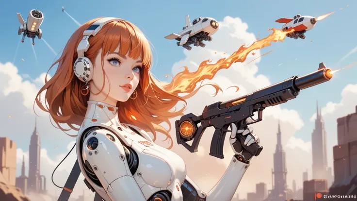 An intricate woman mechanical body, android ,science, light emitting diode ,metal,Metal, high definition ,rocket and (she is holding gun fire shooting ). best quality, high definition , anatomically correct , Very detailed, Ultra High Definition, textured ...