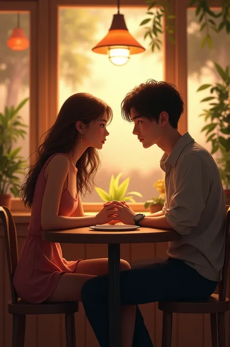  A cover for a book called The Café of Second Chances.  In the image there are two people a girl a boy , she with brown hair and the black-haired one ,  sitting in a cafe with both hands on the table almost touching each other . 