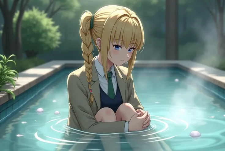 1gril, (solo:1.3), trench, onsen, outdoors, suit jacket, hugging own legs, toki(blue archive), medium breasts,  blonde hair, braids, folded ponytail, hair ribbon, 