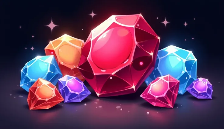 (Cartoonish 2.5D illustration:1.5) of a collection of precious gemstones, featuring a large, vibrant red ruby as the centerpiece, surrounded by sparkling diamonds, with intricate textures and facets that reflect light, set against a solid black background ...