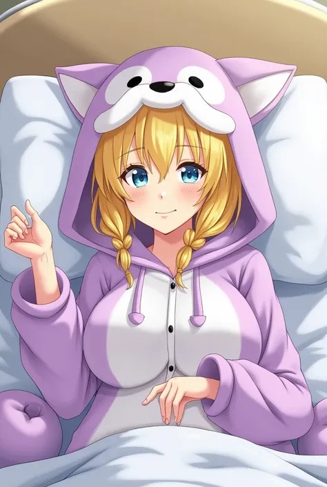  1 girl,  Grown Ups,Dark yellow hair, hospital bed , cute costume pajamas, high definition , masterpiece, accurate,  very detailed,  inviting , reality, short hair ,, small breasts, braids ,purple fox pajamas ,Fluffy,裏地がFluffy,big hood