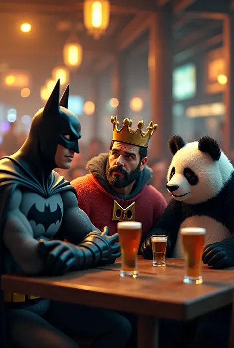 In a bustling tavern, Batman, King, and Panda sit together, enjoying their drinks and conversation. Suddenly, something catches their attention. All three of them stop mid-sentence, their eyes locked on one particular spot. The air grows tense as they star...