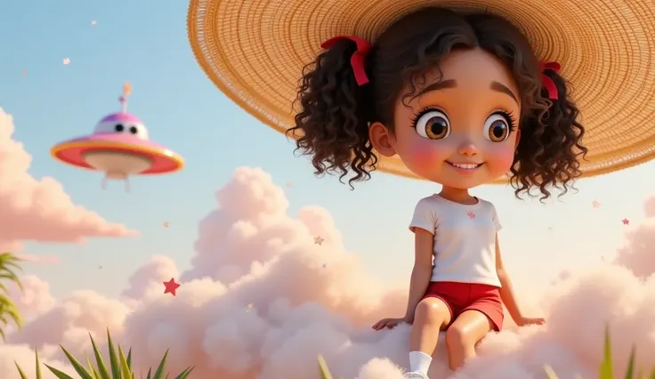 Style: Inspired by Disney-Pixar style films, characters and promotional paintings.

Characteristics of the girl: An  girl, fair-skinned, mixed race, daughter of a black father and white mother, curly hair tied in two ponytails with red ribbons. She wears a...