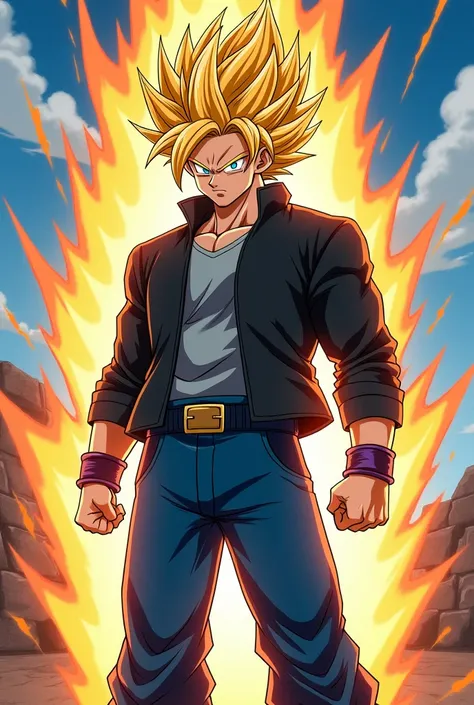 Goku with yellow hair and blue eyes and with a black jacket and with a gray shirt and jeans style dbs cartoon 