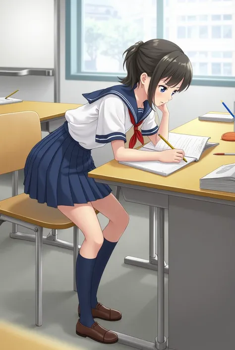 girl with tied hair, In Japanese uniform in 3D studying.