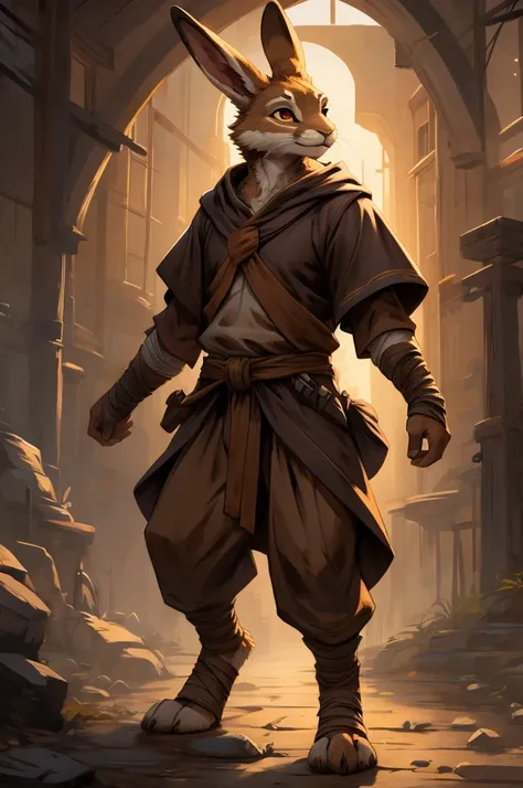 A male anthropomorphic Jackrabbit with white or light brown fur, beautiful orange eyes,with Digitigrade legs ,wearing hooded, dark clothes, digitigrade legs, strong thighs, hed be a Scout , and a Monk, so he would wear wrist and hand wraps that are slightl...