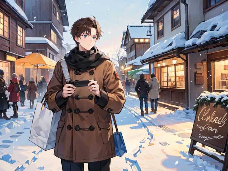  male student, Brown Hair, Surveyor, winter, Heavy snowfall, middle ages,  shopping