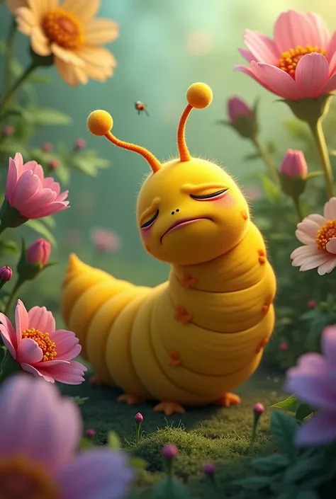 A female yellow caterpillar is in the flower garden in pain