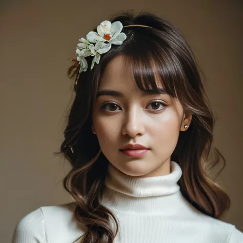 Neoclassical visual of a woman with a little flower crown in a turtleneck.