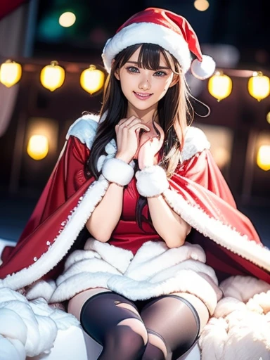  realistic pictures,  top quality,  beautiful thighs 。Festival Girl,  cheerful smile,  Red Velvet Cloak ,  White Fur Trim ,  Black Ribbon Bows , santa style costume, Holiday Themes ,  PLAYFUL POSES ,Chibi,  Sparkling Snowflake Decorations,  Vivid and Warm ...