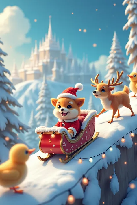  A castella colored puppy in a cute Santa Claus costume wearing a hat、 gliding down a steep slope of a snowy mountain 、 sitting on a box decorated with Christmas lights and sliding、 there is a reindeer sitting next to them 、Puppy swaying with a bright expr...