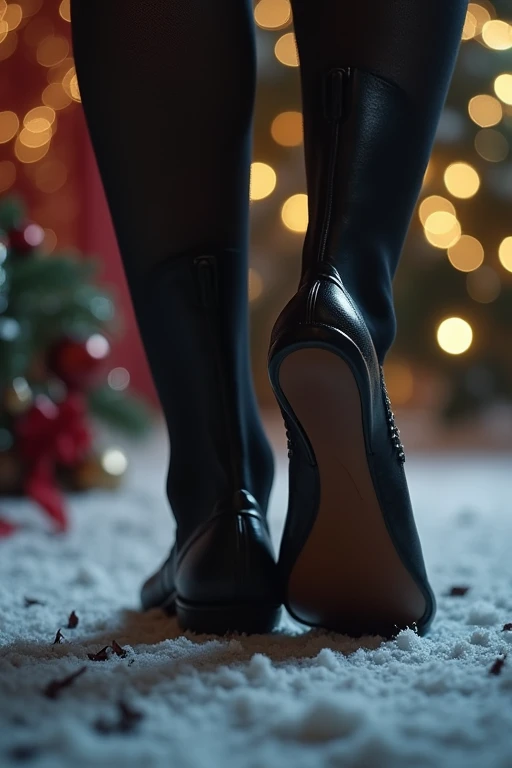 Gros plan sur les pieds nu de advengers black widow  dans un décor de Noël . Angle de vue depuis le sol . 