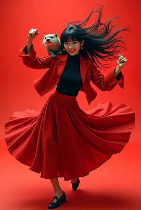 Zoom up birds-eye shot 、 A very beautiful Japanese beauty wearing a bright red riders jacket, wearing a black turtleneck, wearing a red flare skirt, and dancing breaking dance. Very beautiful, wild bangs, long black hair, is standing on one leg and pushing...