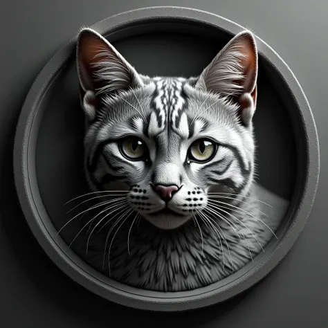 front view, black and white, a bas relief of a round coin realistic cat, no background