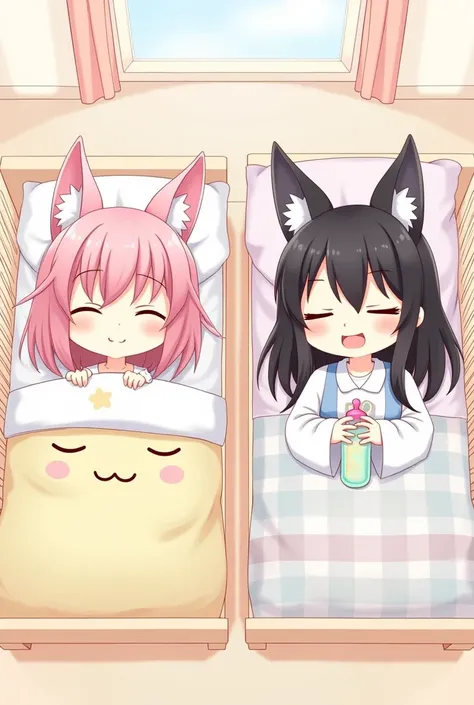 2 little anime girls ,  a pink hair with fox ears with eyes closed and smiling, and another girl with black hair with fox ears with her bottle , in cribs for babies 