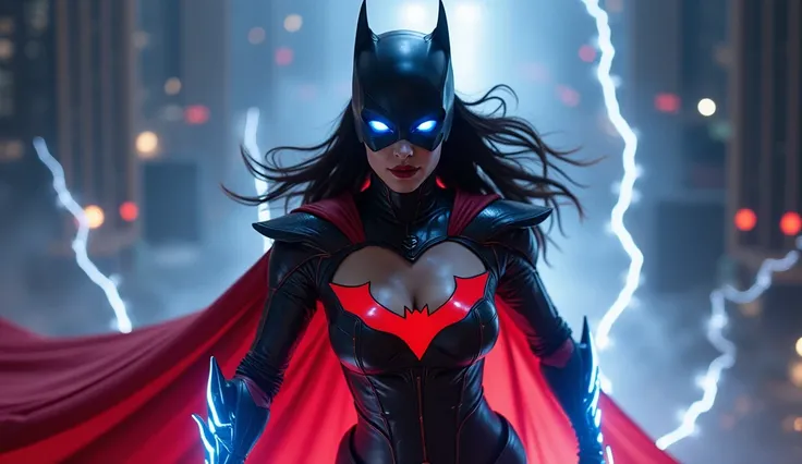 A regal, tall woman with sharp, deep neckline, big boobs, sexy, ethereal features and a commanding presence. She wears a dark crimson suit that melds the armor of Batwoman with the ancient, ceremonial details of Raiden’s attire. Her eyes glow with a mystic...